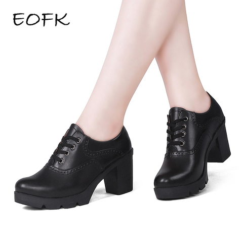 EOFK-zapatos de tacón cuadrado para mujer, calzado de cuero genuino Oxford con cuña Brogue, para primavera y otoño ► Foto 1/6