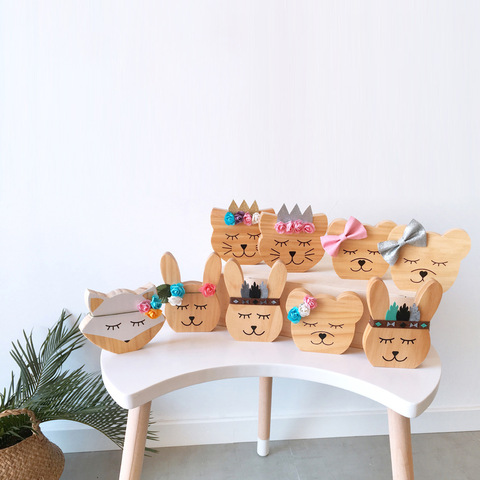 Lindo de madera Fox oso conejo gato juguetes, decoración de la habitación de los niños adornos nórdicos sala infantil Niños Accesorios de fotografía de bebé regalo ► Foto 1/6