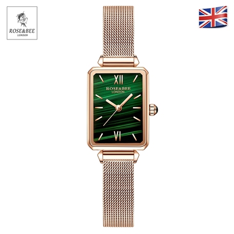 Reloj de cuarzo verde malaquita para mujer, cronógrafo rectangular, movimiento japonés, malla de acero inoxidable, resistente al agua, rosa y abeja ► Foto 1/6