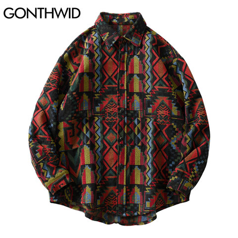 GONTHWID-camisas con botones de estilo Tribal azteca, ropa de calle de estilo Hip Hop, diseño geométrico, informal, camisa de manga larga, abrigos ► Foto 1/6