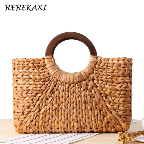 Bolso de mano bohemio para mujer, bolsa de paja Natural tejida, hecho a mano, de playa, de mango redondo de madera, para verano ► Foto 1/6