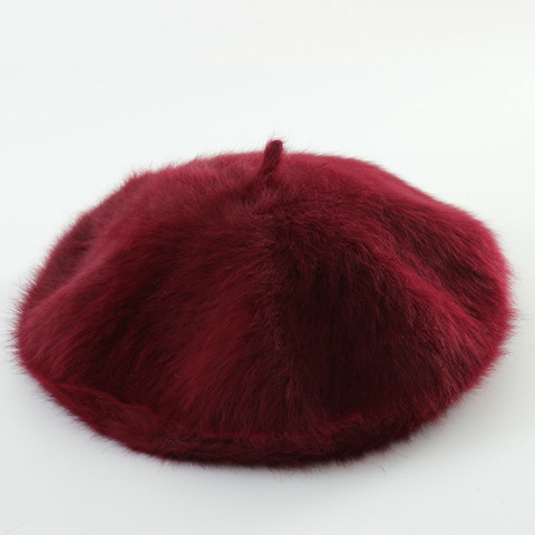 Boina de pelo de conejo para mujer, sombrero francés, Boina de pelo, boinas de lana de Color sólido, gorro plano de invierno ► Foto 1/6