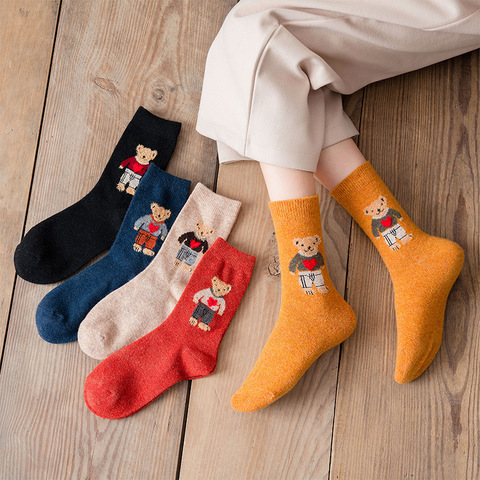 Calcetines de lana abrigados para mujer, calcetín japonés con dibujos de osos, Harajuku, Kawaii, para Otoño e Invierno ► Foto 1/6