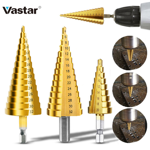 Vástar HSS acero titanio paso broca 3-12mm 4-12mm 4-20mm paso cono corte herramientas Broca de Metal conjunto para la carpintería de madera ► Foto 1/6