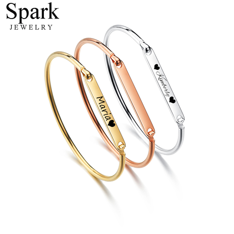 Spark-Pulseras personalizadas de acero inoxidable para mujer, brazaletes con grabado de nombre, fecha, ID, acero dorado, pulsera de oro rosa, regalo ► Foto 1/6