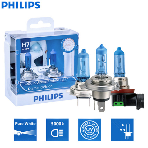 Lámpara antiniebla halógena para coche Philips Diamond Vision H1 H4 H7 H8 H11 9005 9006 HB3 HB4 12V DV 5000K, luz blanca fría, faro delantero para coche (doble) ► Foto 1/6