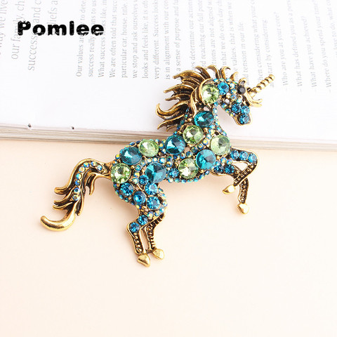 Pomlee-broche de caballo de diamantes de imitación verde y azul para mujer, broche de unicornio doble uso, joyería de Animal, Pin de abrigo Vintage ► Foto 1/6