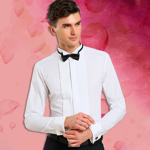 Camisa de esmoquin con cuello de punta de ala para hombre, camisa de manga larga con botón para puños franceses, camisas de boda, ropa blanca y negra, frontal plisado con pajarita ► Foto 1/6