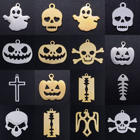 5 unids/lote diy cráneo gótico de la hoja de acero inoxidable de acero de encantos colgante venta al por mayor fantasma de halloween calabaza de la joyería encantos de la pulsera ► Foto 1/6