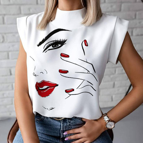 Blusa informal con estampado de labios para verano, camisa elegante con cuello alto y estampado de labios para mujer, 2022 ► Foto 1/4