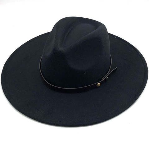 Caliente de las mujeres de los hombres grande y ancho sombrero de fieltro de lana Sombrero panamá de fieltro con cinturón de hebilla de gorro de fieltro estilo Jazz de fiesta Formal sombrero en gris negro ► Foto 1/6