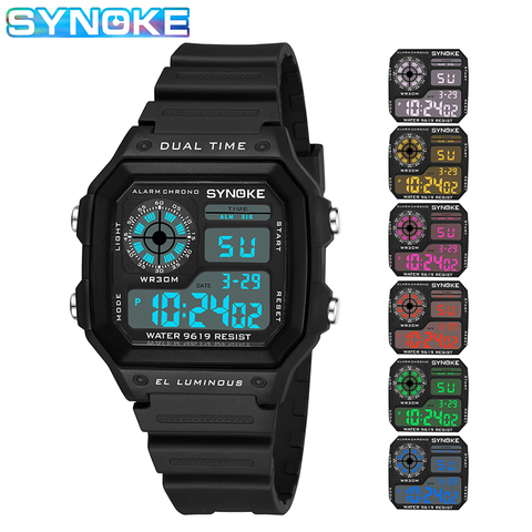 SYNOKE nuevo Shock reloj deportivo militar los hombres relojes casuales a prueba de agua Digital Reloj de pulsera reloj cuadrado doble horario reloj Masculino ► Foto 1/6