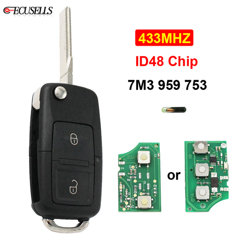 2 botón plegable, abatible remoto clave 7M3 959, 753, 433MHZ 7M3959753 ID48 Chip para Volkswagen VW Sharan modelo 2004-2008 HU66 hoja ► Foto 1/6