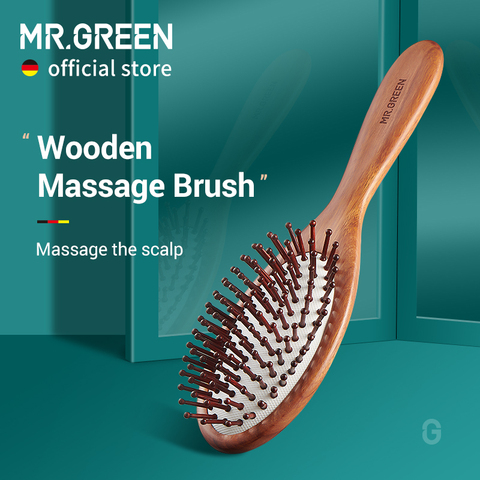 MR.GREEN-cepillo de pelo de madera natural para hombre y mujer, peine para masaje del cuero cabelludo, antiestático, cojín de aire, herramientas de estilismo ► Foto 1/6