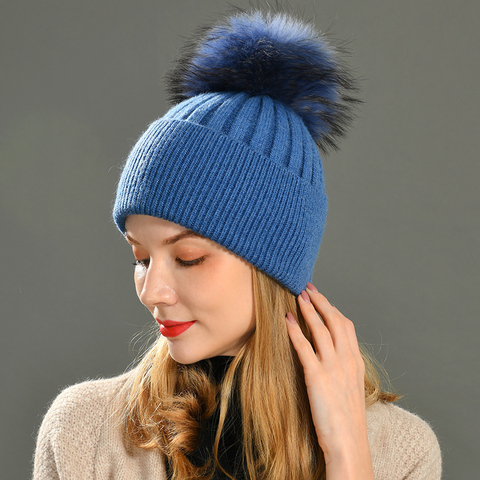 Las mujeres invierno sombrero extraíble Real de piel de mapache Gorro con pompón lana sombrero de piel Natural Gorro con pompones para las mujeres sombrero ► Foto 1/6