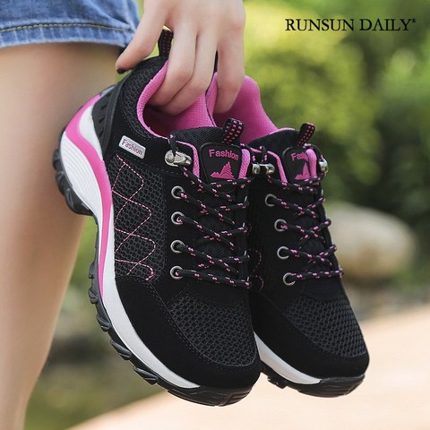 Zapatillas de deporte informales para mujer, zapatos de correr a la moda para deportes al aire libre, con plataforma de cordones, cuñas de altura transpirables ► Foto 1/6