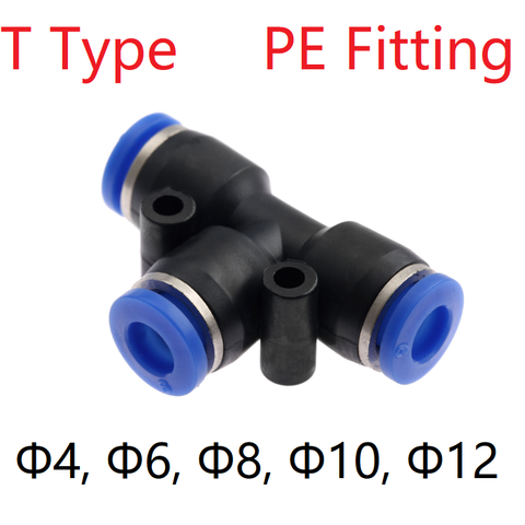 Aire montaje de tubo neumático de tipo T de plástico PE conector rápido de presión de la tubería de Gas manguera Tee 3 PortsOD 4mm 6mm 8mm 10mm 12mm 16mm ► Foto 1/5