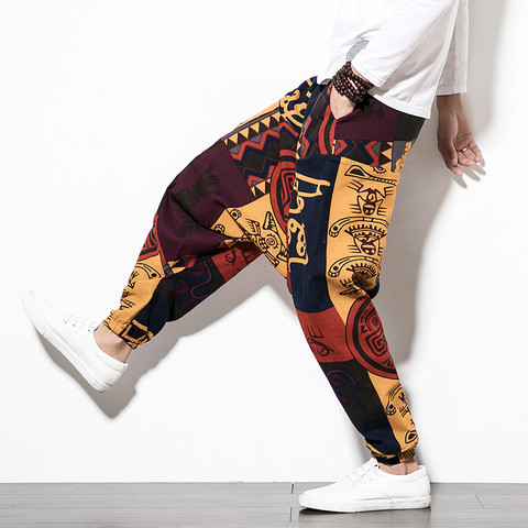 Los hombres pantalones de Harem de algodón con bolsillo hombres Hip-hop pantalones bombachos holgados pantalones de pierna ancha Vintage Casual hombres pantalones de Aladdin ► Foto 1/6