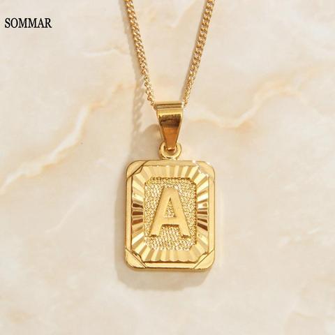 Sommar-collar con colgante de iniciales para mujer y hombre, 26 A-Z, cadena de eslabones con letras del alfabeto cuadradas de color dorado ► Foto 1/4