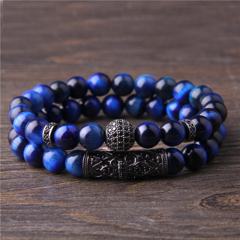 Juego de pulseras con cuentas de piedra Natural para hombre y mujer, brazalete con cuentas de ojo de tigre, joyería para hombre ► Foto 1/6