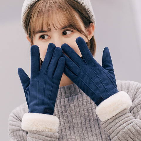 Guantes de Ciclismo de piel de ante para mujer, manoplas femeninas de felpa de grosor doble, cálido, de Cachemira, guante de conducción con pantalla táctil, I23 ► Foto 1/5