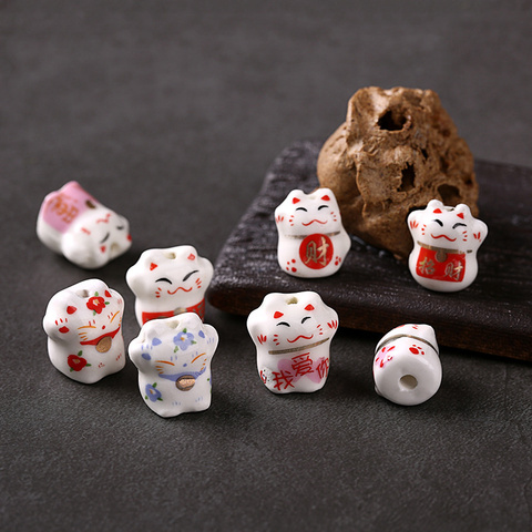 10 unids/lote Animal de cuentas de cerámica colores hecho a mano de gato de la suerte cuentas DIY artesanía pulsera de joyería ► Foto 1/6