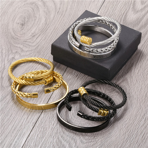 3 unids/set de pulsera trenzada de acero inoxidable de Color dorado y plateado, Número Romano brazalete de metal pesado punk oscuro para regalo de hombres y mujeres ► Foto 1/6