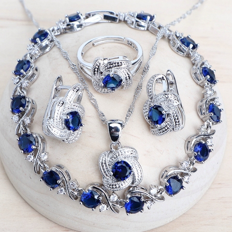 Conjunto de joyería de circonia azul para mujer, de Plata de Ley 925, joyería nupcial, pendientes, anillos, pulseras, COLLAR COLGANTE ► Foto 1/6