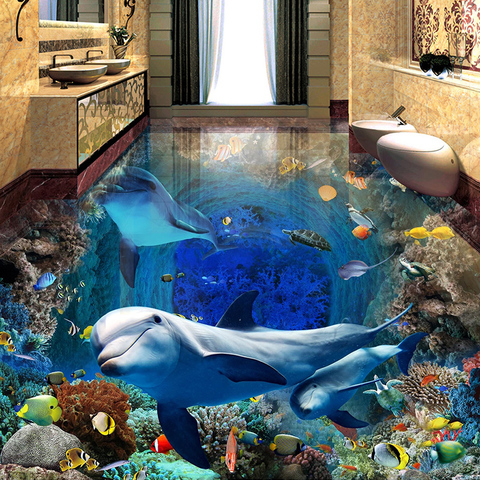 Mundo submarino Dolphin 3D, pintura de suelo, Mural, papel tapiz impermeable, autoadhesivo para dormitorio, azulejos de baño, pegatinas de pared ► Foto 1/6