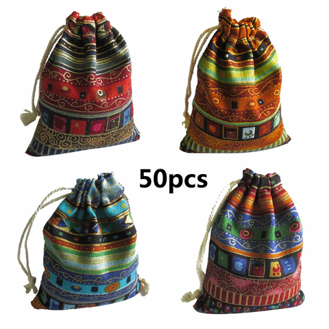 Bolsas de algodón para joyería, bolsas de regalo étnico, con cordón, para joyas de Navidad, boda, dulces, 9,5x12cm, 50 Uds. ► Foto 1/6