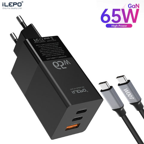 ILEPO-cargador USB tipo C de carga rápida para Macbook, cargador GAN de 65W con USB-C QC4.0 PD3.0 con Cable de 100W, tipo C, Cargador USB rápido para Macbook iPhone12 y Samsung ► Foto 1/6