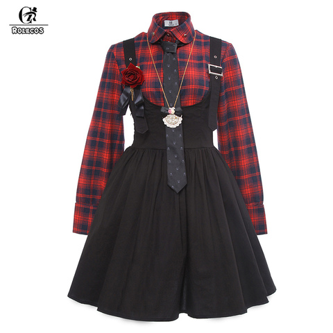 ROLECOS nueva llegada estilo gótico mujeres Lolita vestido camisa a cuadros con falda suspensor Vintage mujeres Punk Lolita vestidos ► Foto 1/6