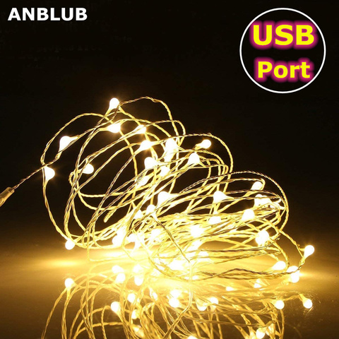 ANBLUB, 5M, 10M, cobre, plata, Cable USB, tira de luces LED, iluminación impermeable para vacaciones, para Hadas, Navidad, decoración para fiesta de boda ► Foto 1/6