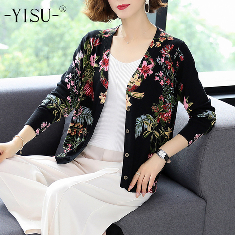 YISU mujeres cárdigan suave Casual Otoño Invierno de punto suave superior abrigo de suéter de manga larga con cuello en V estampado Floral Chaqueta de punto de las mujeres ► Foto 1/6