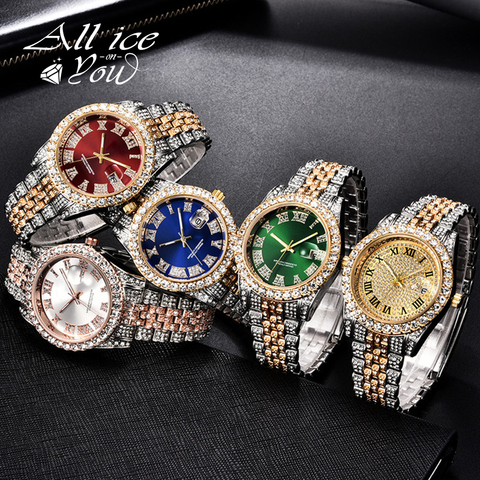 ALLICEONYOU-relojes de circonia cúbica, de oro nuevo, Color plateado, pulsera de diamantes de alta calidad de Hip Hop, de acero inoxidable para regalo ► Foto 1/6