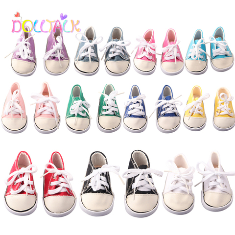 43 Cm nuevo bebé nacido Mini zapatos de muñeca con calcetines de moda Simple 11 colores de 7,5 Cm de largo de encaje-zapatillas de deporte para 18 ''Juguetes ► Foto 1/6