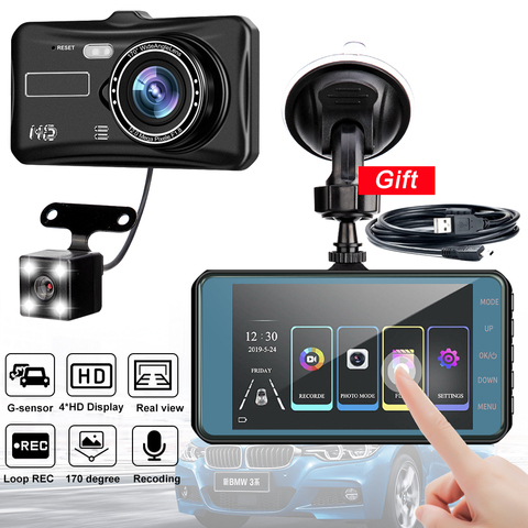 Grabadora de vídeo de coche cámara de salpicadero de doble lente HD 1080P Auto Digital 4 ''Pantalla táctil IPS DVR Cámara g-sensor WDR Car Dashcam DVRS ► Foto 1/6