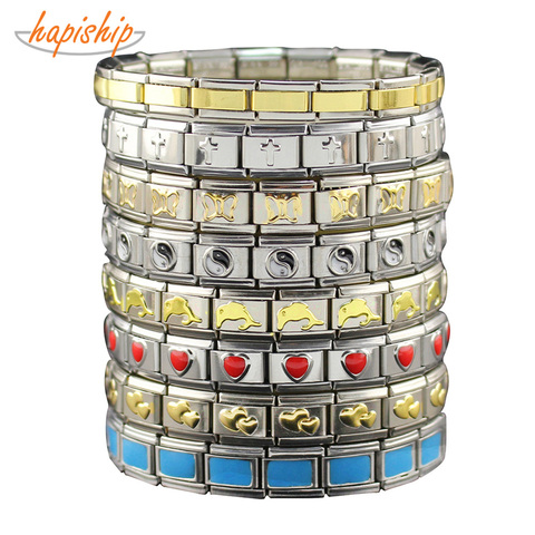 Hapiship-pulsera elástica de acero inoxidable para hombre y mujer, brazalete con diseño de corazón, flor, mariposa, Cruz, delfines, ST00 ► Foto 1/6