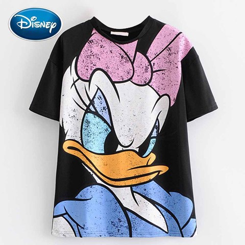 Camiseta negra con estampado de dibujos animados de Disney Donald y Daisy para mujer, jersey de cuello redondo, ropa de calle informal de manga corta, camisetas holgadas ► Foto 1/6