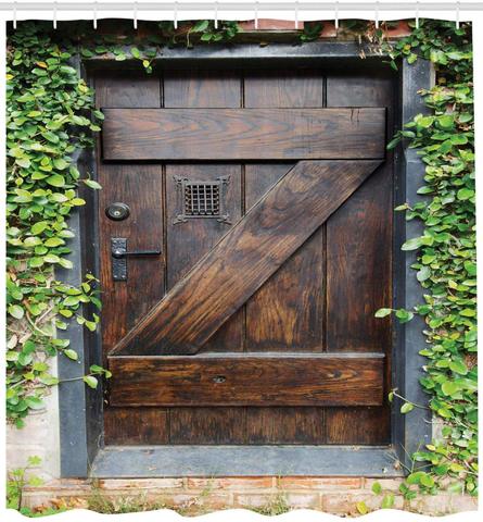 Cortina de ducha rústica de estilo español, puerta de madera oscura, jardín secreto con ventana rallada, imagen de tela de baño ► Foto 1/2