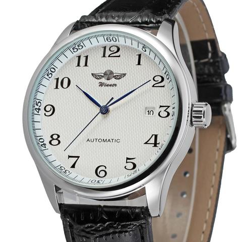 WINNER-reloj mecánico minimalista para hombre, elegante, con números blancos y árabes, con calendario y correa negra ► Foto 1/6