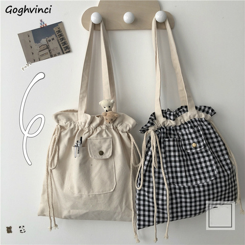 Bolsas de compras a cuadros de mujeres cordón Casual ajustable de gran capacidad Ins lindo estudiantes Shopper bolsa de lona Simple estilo coreano ► Foto 1/6