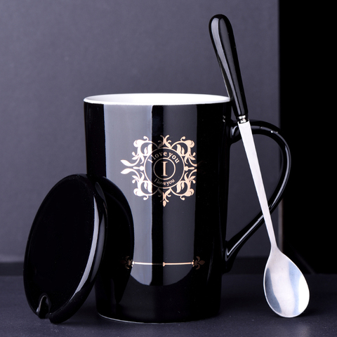 Taza de café clásica de estilo nórdico para parejas, tazas creativas de cerámica con diseño de personalidad, cuchara con tapa ► Foto 1/5