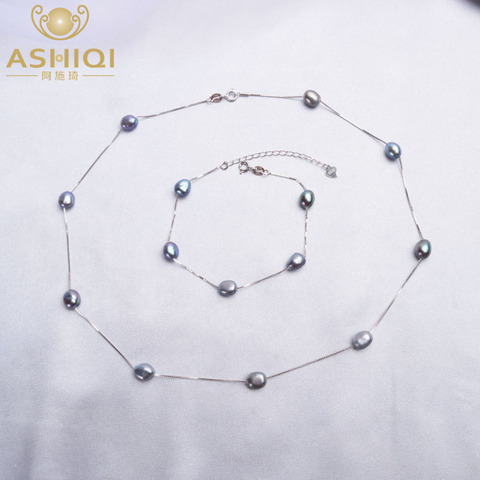 ASHIQI barroco Natural collar de perlas pulsera con cadena de plata esterlina 925 6-7mm de perlas de agua dulce de juegos de joyas para mujer ► Foto 1/6