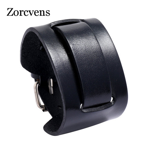 ZORCVENS-pulsera Punk de cuero genuino ancho para hombre, brazalete negro y marrón, brazaletes Vintage, joyería ► Foto 1/6