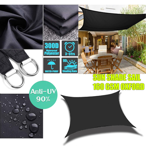 Toldos de vela para jardín, sombrilla rectangular cuadrada impermeable, 300D, color negro, para terraza, natación, sombra de sol, acampada, senderismo, patio ► Foto 1/6