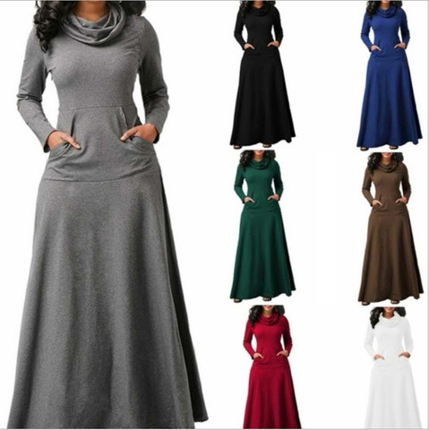 Las mujeres vestido cálido con bolsillo de Casual sólida Vintage Otoño Invierno Maxi vestido túnica arco cuello vestido elegante largo ► Foto 1/5