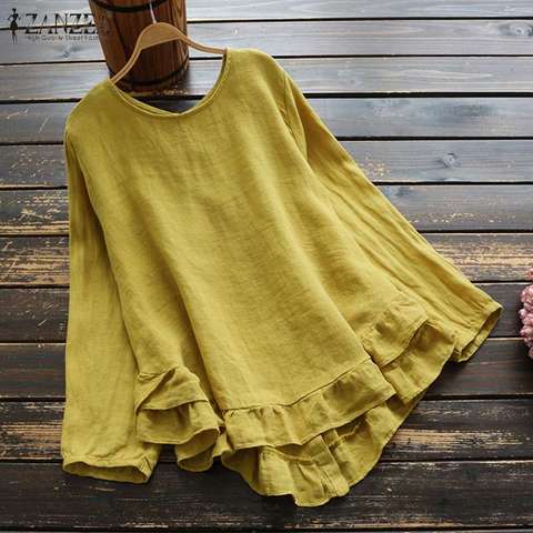 ZANZEA blusa de primavera con volantes de talla grande para mujer, Túnica informal lisa de manga larga Vintage de algodón para trabajo, Tops, camisas, Blusas femeninas, camisa ► Foto 1/6