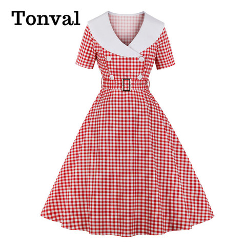 Tonval-vestido Midi de cintura alta para mujer, estampado Vintage, línea A, tela de algodón, doble botonadura, cuadros, Rockabilly, 1950 ► Foto 1/6