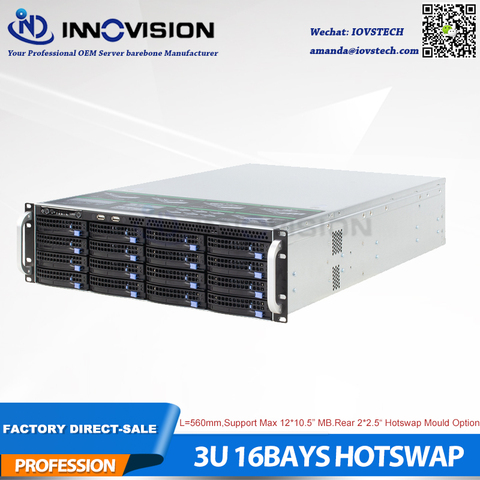 Almacenamiento enorme estable 16 bahías 3u hot swap rack case NVR NAS servidor chasis L = 560mm, soporte max 12*10,5 